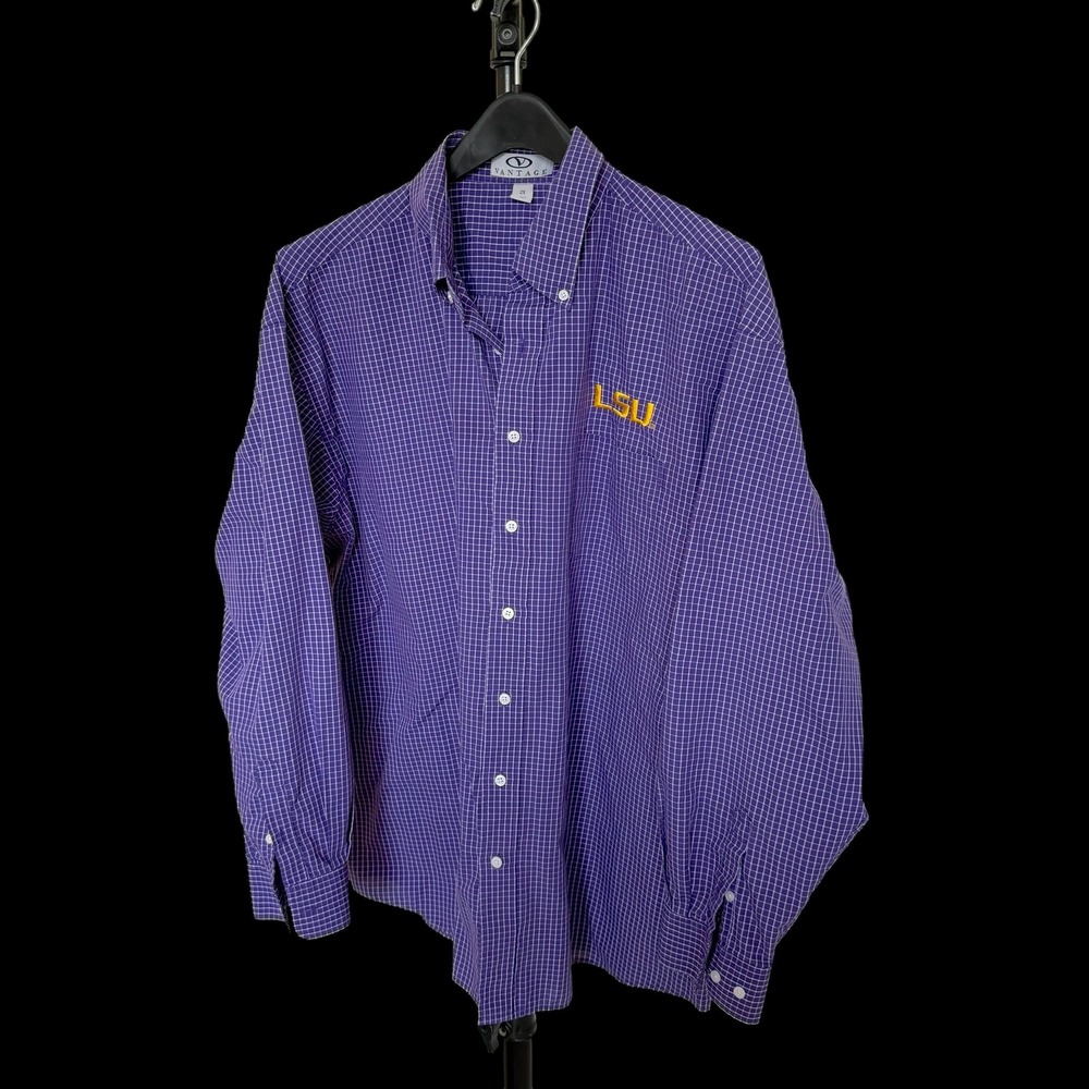 Vantage LSU Tigers Mens 2XL Purple Check Long Sleeve Button Down Shirt Logo‎